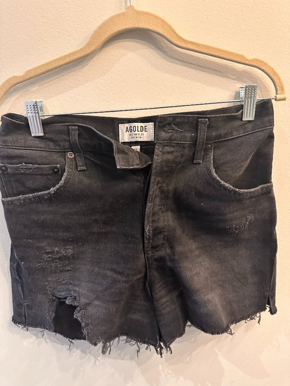 Authentic AGOLDE Parker High Rise Distressed Jean Shorts Washed Black 27W